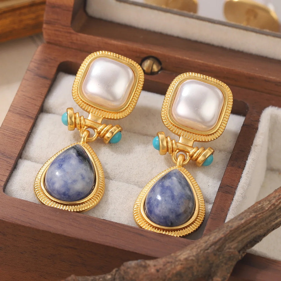 Pearl Blue Stone Square Gold Drop Earrings Jewelry