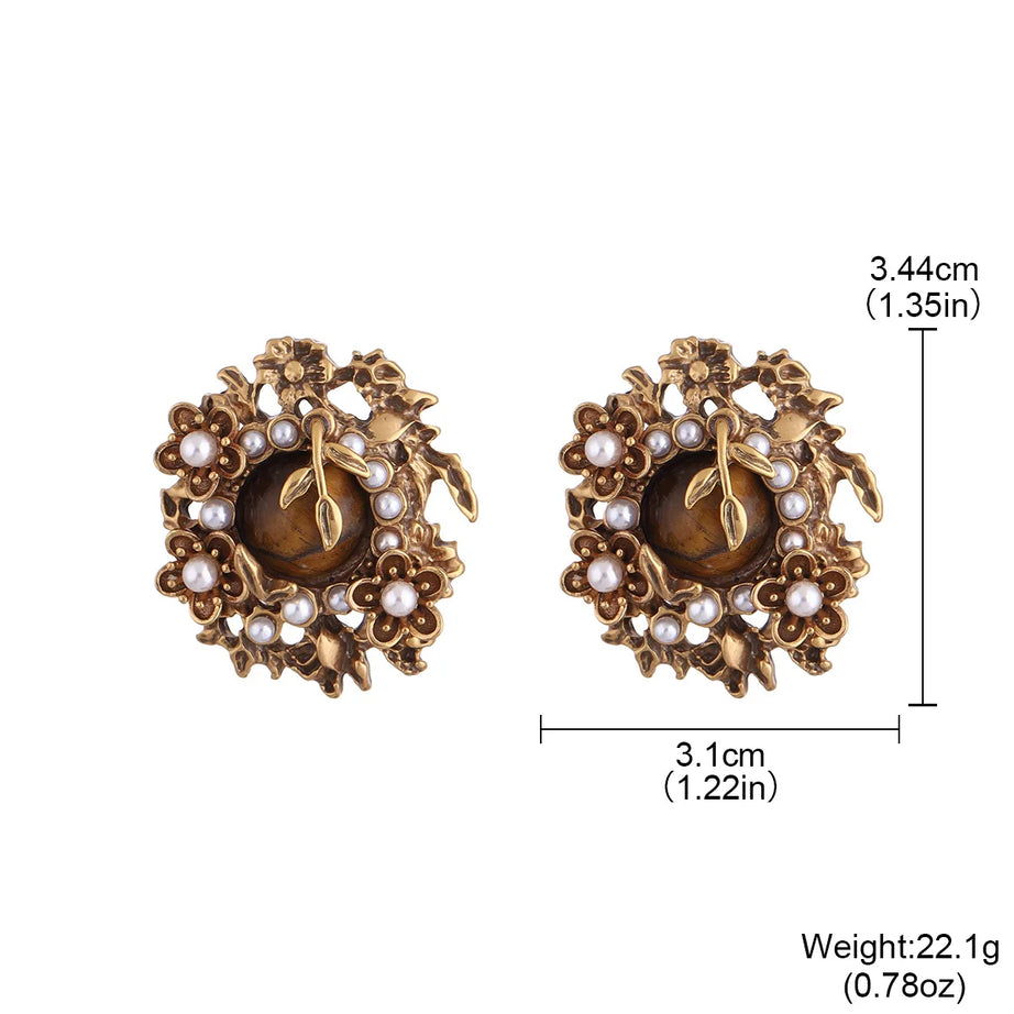 Vintage Bronze Flower Stud Earrings with Natural Tiger Eye / Lapis Lazuli & Pearl Accents - Elegant Women's Jewelry - Charlie Dolly