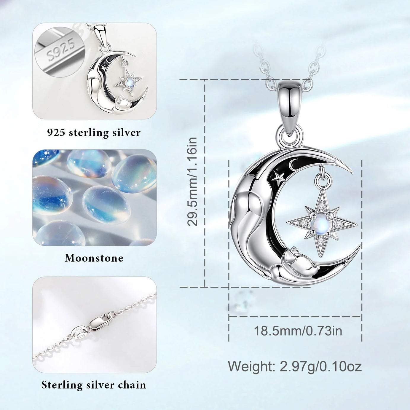 Celestial Moon Cat Necklace with Moonstone, S925 Sterling Silver