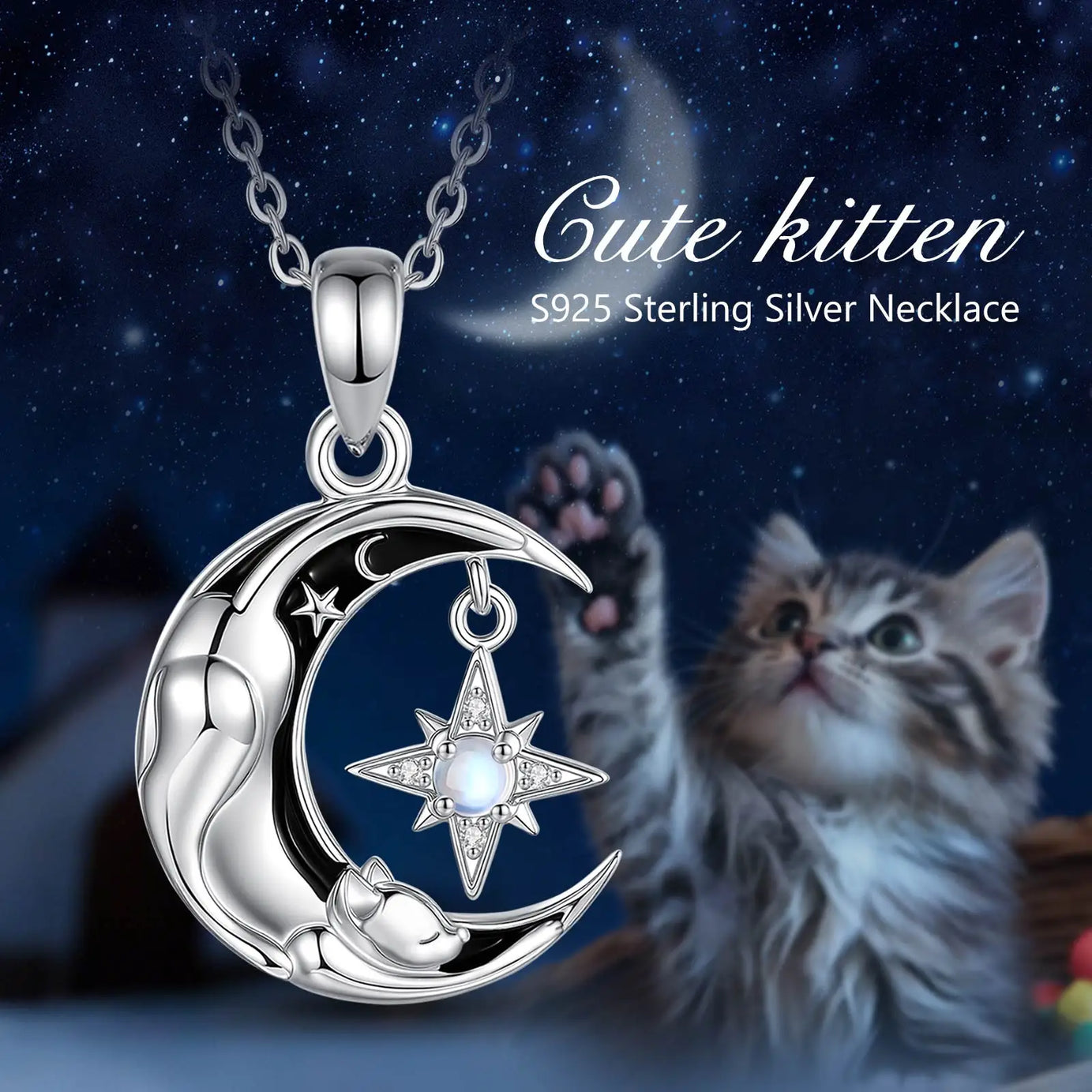 Celestial Moon Cat Necklace with Moonstone, S925 Sterling Silver