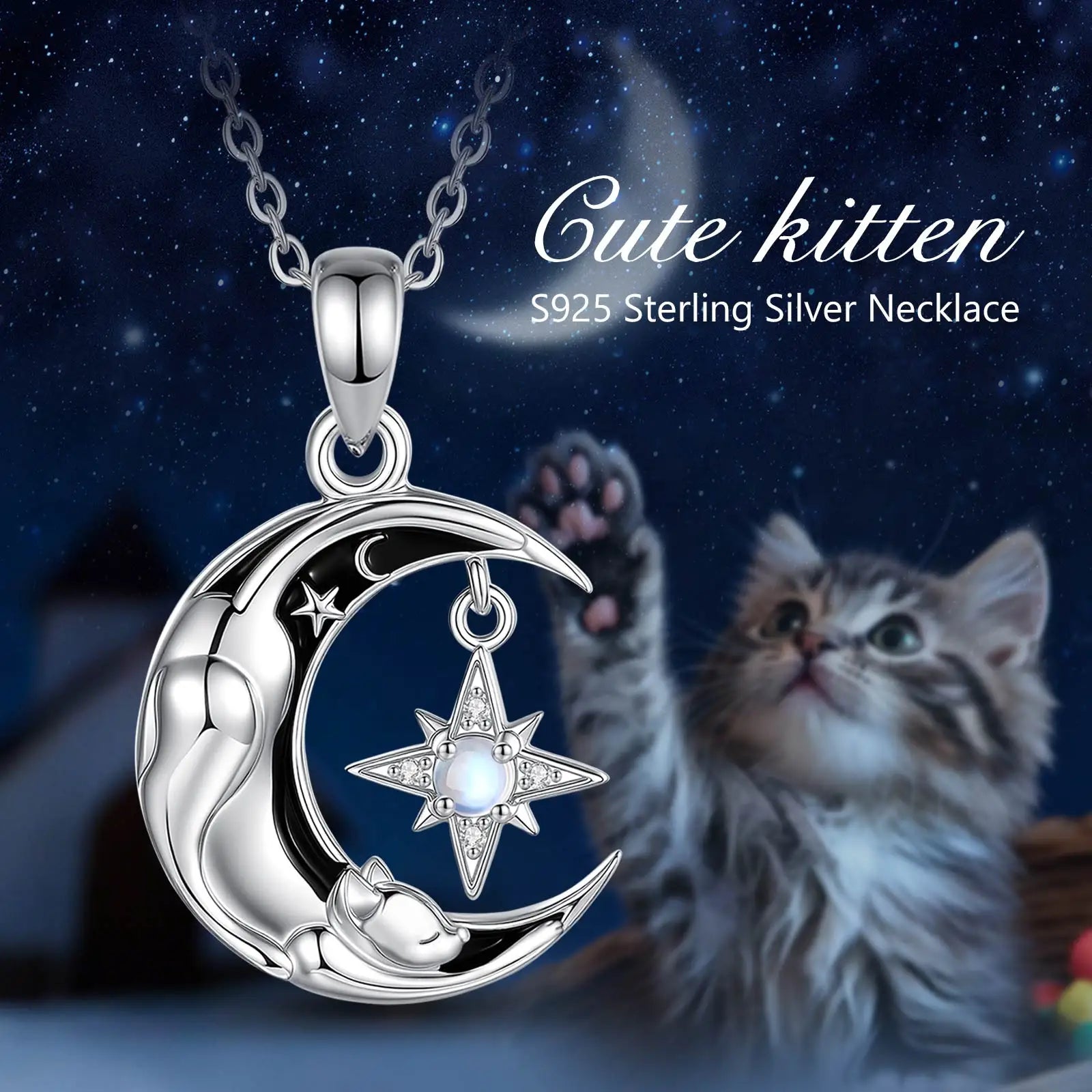 Eudora 925 Sterling Silver Celestial Moon Cat Necklace North Star Sleeping Cat Pendant Spiritual Jewelry Gift for Women Men