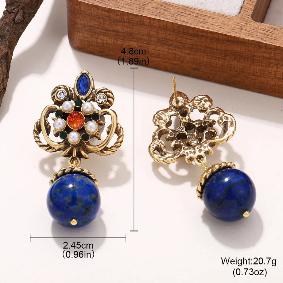 Vintage Inspired Lapis Lazuli Drop Earrings with Pearl & Colorful Crystal Accents - Bohemian Gold Tone Statement Jewelry - Charlie Dolly