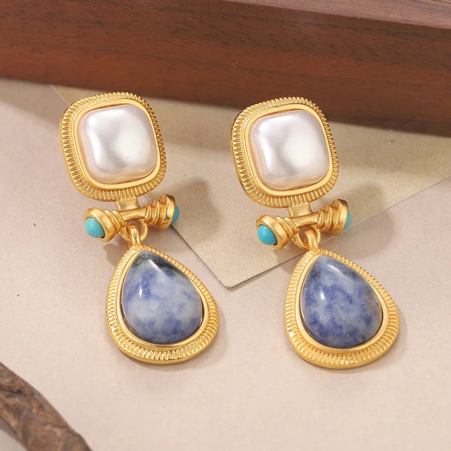 Pearl Blue Stone Square Gold Drop Earrings Jewelry