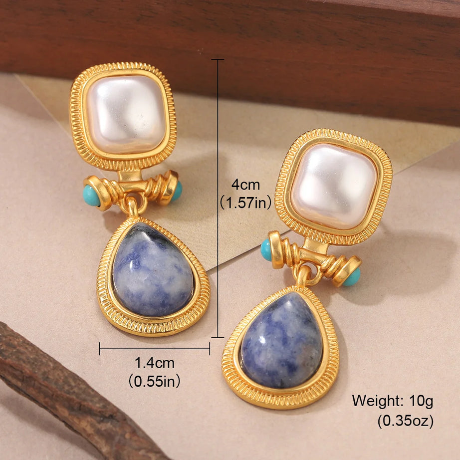 Pearl Blue Stone Square Gold Drop Earrings Jewelry
