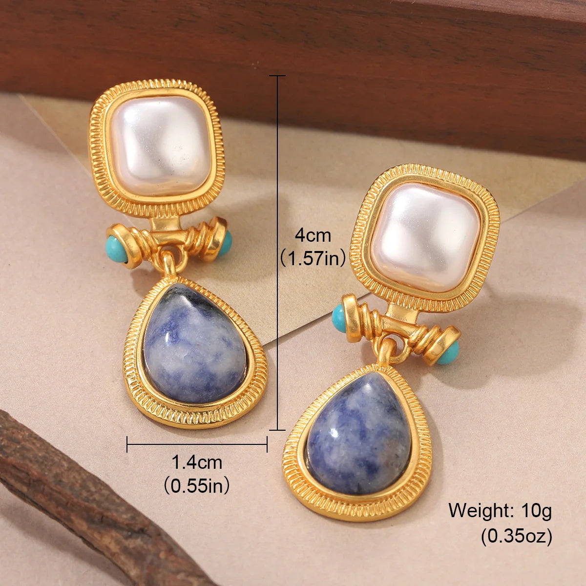 Boho Chic 18K Gold Plated Square Pearl & Blue Stone Dangle Earrings - Elegant Fashion Jewelry Birthday Party Daily Ear Charm