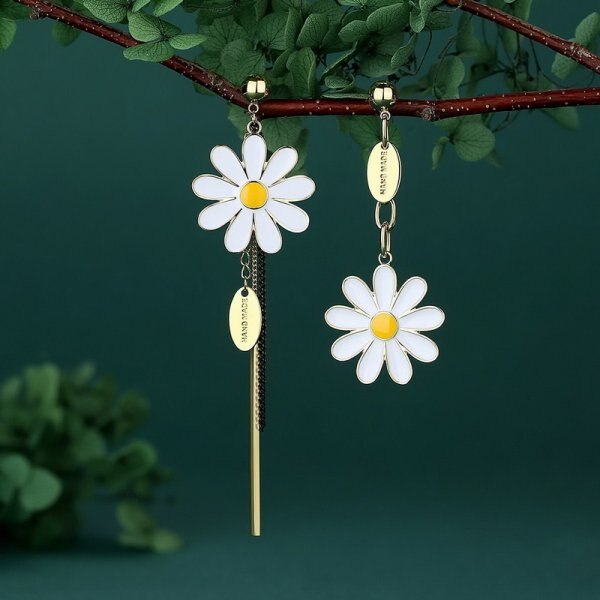 Korean Style Flower Asymmetrical Dangle Earrings for Women Shiny Rhinestone Long Tassel Cute Cat Earring Sweet Jewelry - Charlie Dolly