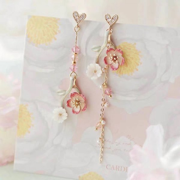 Korean Style Flower Asymmetrical Dangle Earrings for Women Shiny Rhinestone Long Tassel Cute Cat Earring Sweet Jewelry - Charlie Dolly