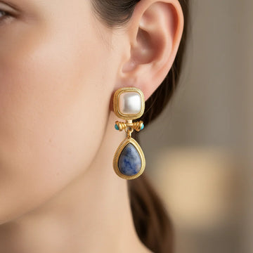 Boho Chic 18K Gold Plated Square Pearl & Blue Stone Dangle Earrings - Elegant Fashion Jewelry Birthday Party Daily Ear Charm