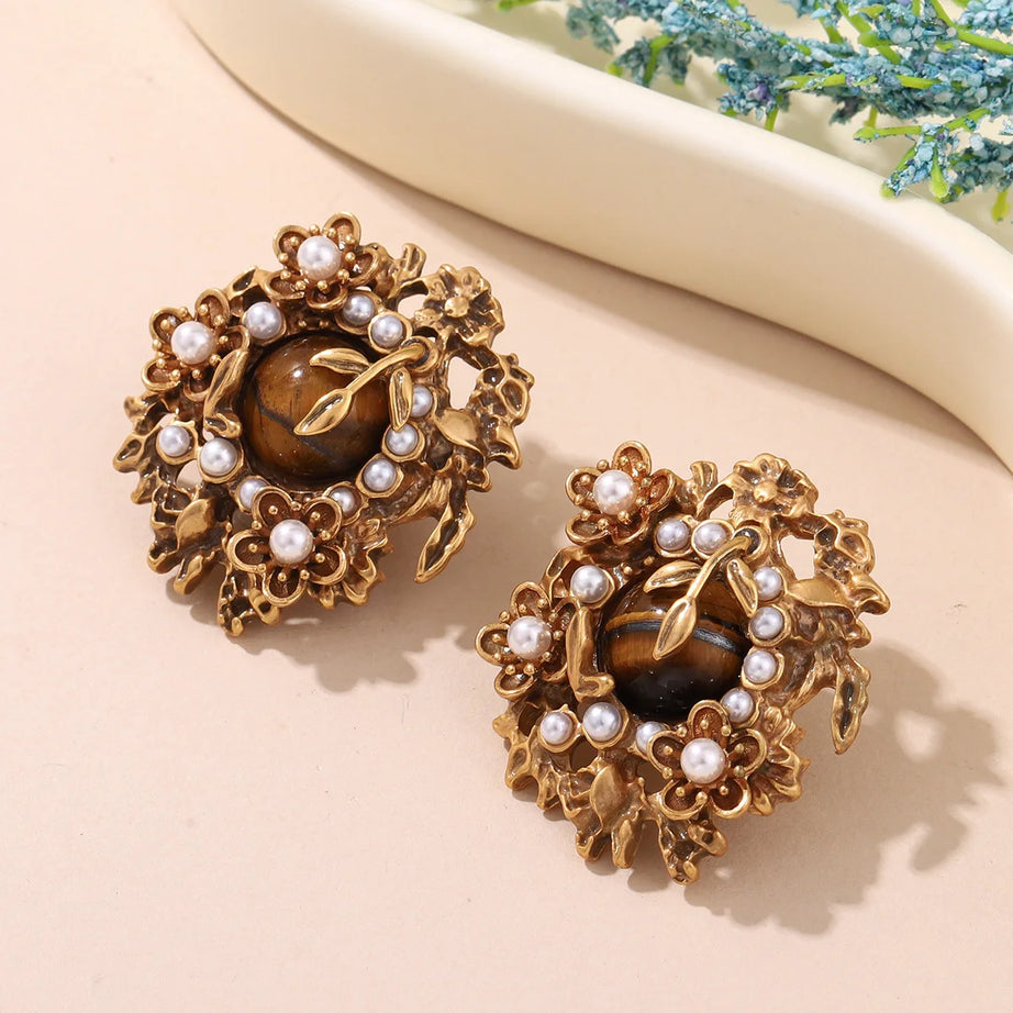 Vintage Bronze Flower Stud Earrings with Natural Tiger Eye / Lapis Lazuli & Pearl Accents - Elegant Women's Jewelry - Charlie Dolly