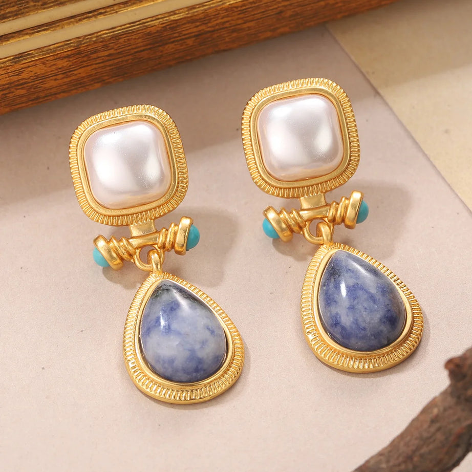 Pearl Blue Stone Square Gold Drop Earrings Jewelry