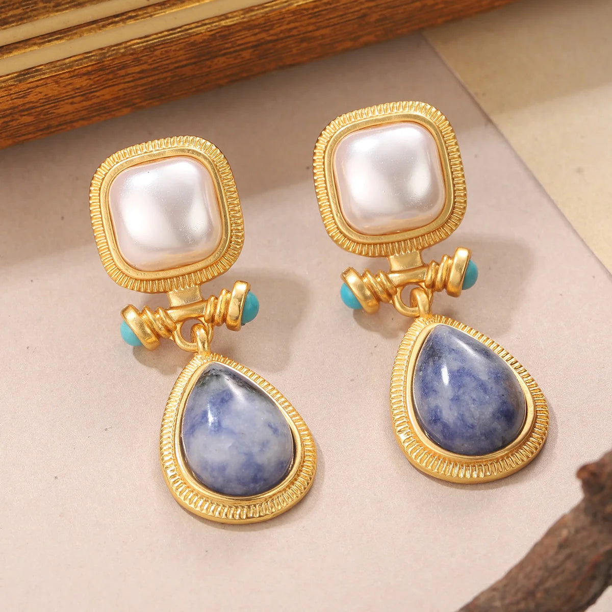 Boho Chic 18K Gold Plated Square Pearl & Blue Stone Dangle Earrings - Elegant Fashion Jewelry Birthday Party Daily Ear Charm
