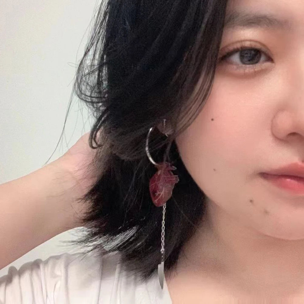 Vintage Gothic Heart Hoop Earrings Knife Inserted into Beating Heart Detachable Earring Chain Halloween Cosplay Women Jewelry - Charlie Dolly