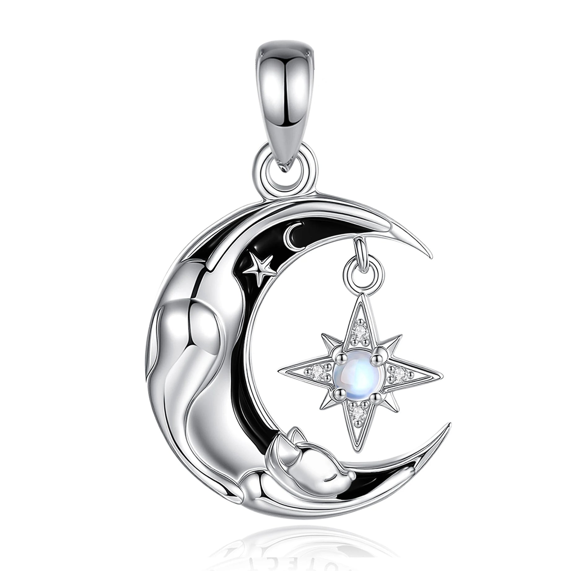 Celestial Moon Cat Necklace with Moonstone, S925 Sterling Silver
