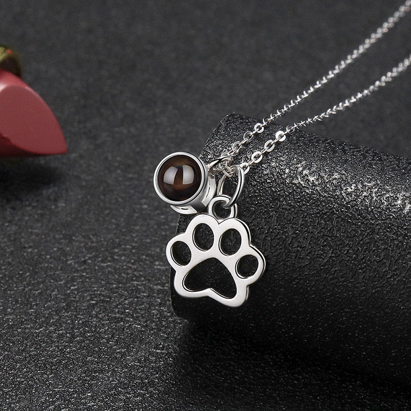 Custom Projection Necklace Photo Pendant Necklace-Dog/Cat Paw Charm Necklace with Picture Inside-Projection Pet Photo Necklace - Charlie Dolly