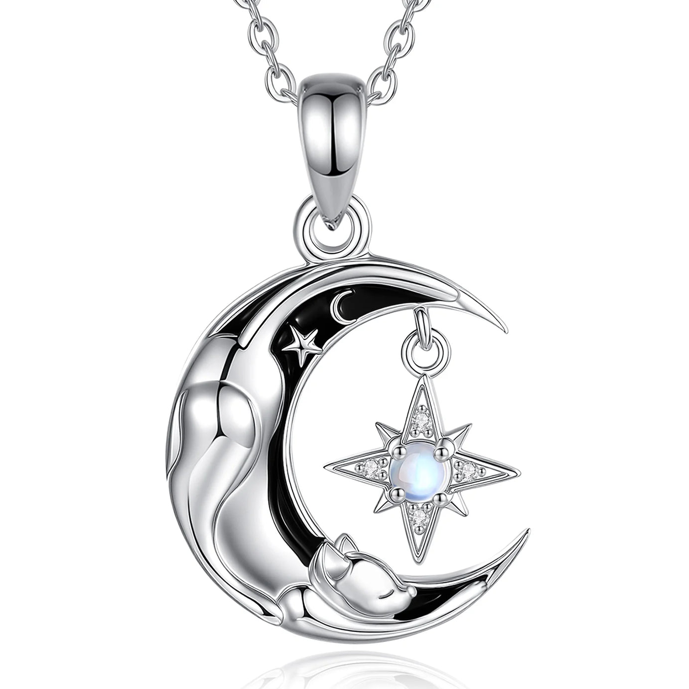 Celestial Moon Cat Necklace with Moonstone, S925 Sterling Silver