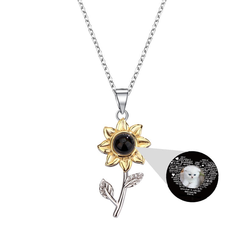 925 Silver Personalized Photo Projection Necklace Gold Petal Sunflower Flower Pendant Customized Photo Jewelry For Women
