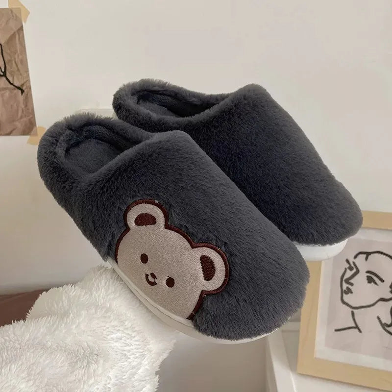 Comwarm Cute Animal Fur Slipper For Women Men Fashion Kawaii Fluffy Winter Warm Slippers Lovers Cartoon Teddy Bear House Shoes - Charlie Dolly