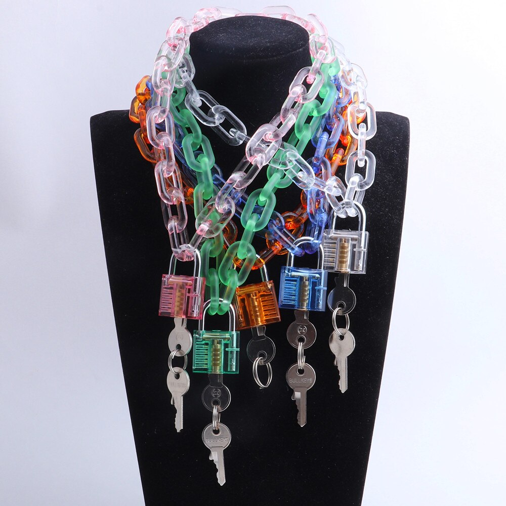 FishSheep Rock Acrylic Clear Lock Pendant Necklace For Women Pink Resin Lock Long Transparent Chain Choker Necklace 2020 Jewelry - Charlie Dolly