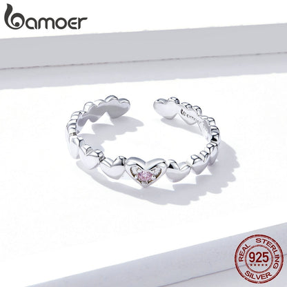 bamoer Pink CZ Heart Stackable Finger Rings for Women Free Size Adjustable Bands 925 Sterling Silver Jewelry Accessories BSR100