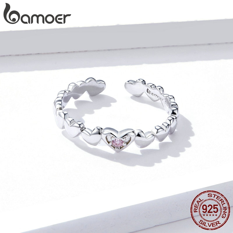 bamoer Pink CZ Heart Stackable Finger Rings for Women Free Size Adjustable Bands 925 Sterling Silver Jewelry Accessories BSR100 - Charlie Dolly