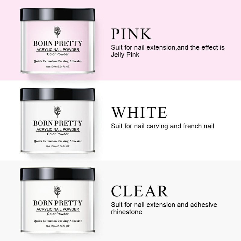 BORN PRETTY 100ml Acrylic Nail Powder Clear Pink White Professional Carving Crystal Polymer for Nail Tips Extenstion Nails Set - Charlie Dolly