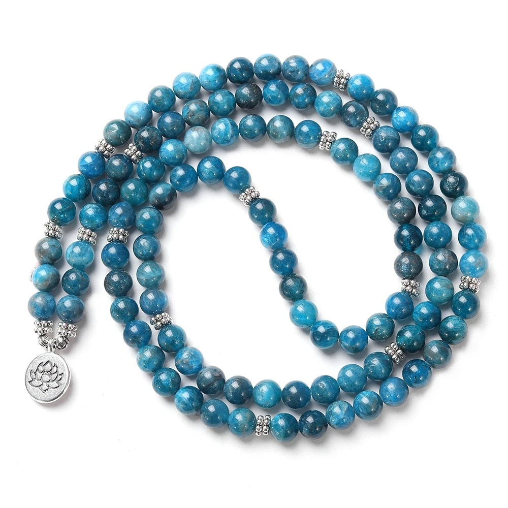 Natural Stone Women Men 108 Mala Apatite with Lotus OM Buddha Charm Yoga Bracelet or Necklace Natural Jewelry - Charlie Dolly