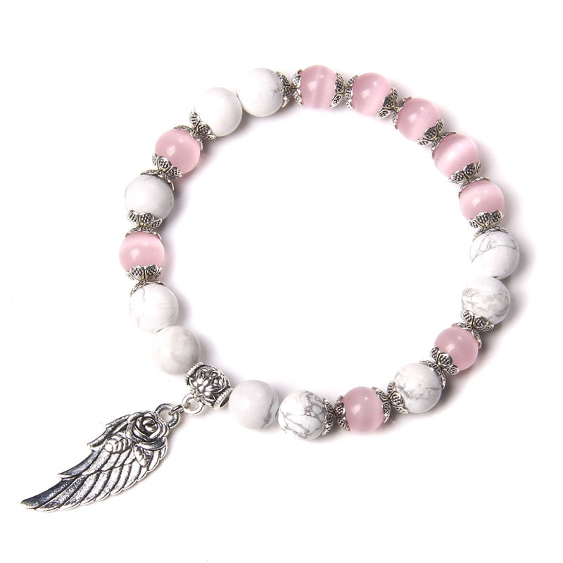 Handmade Silver Color Rose Angel Wing Pendant Bracelet Natural Pink Quartz Crystal Beads Charm Bracelet Women Romantic Jewelry - Charlie Dolly