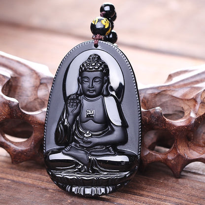 Amitabha Pendant Necklace Black Obsidian Carved Buddha Lucky Amulet Necklaces For Women Men Jewelry Gifts Jewelry