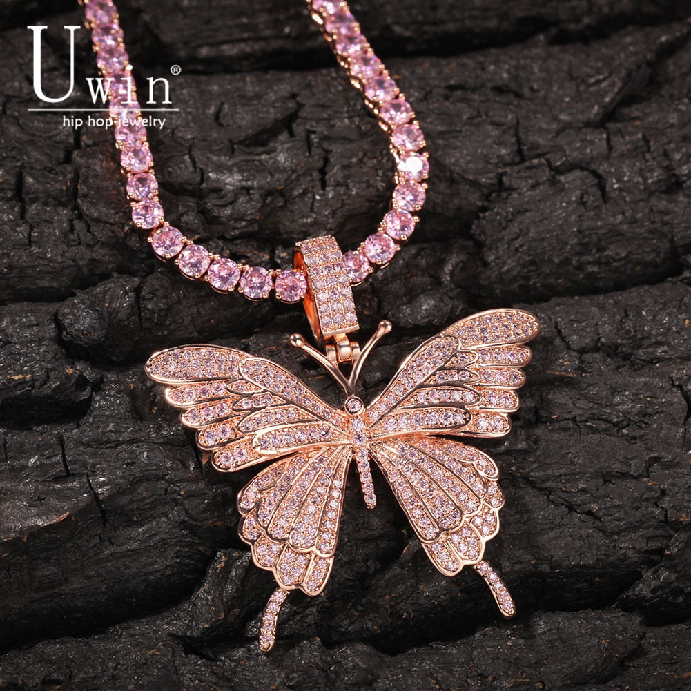 Uwin Iconic Butterfly Pendant 9mm Cuban Chain Cubic Charm Pink Tennis Chain Necklace Men Women Hip Hop Jewelry Gift