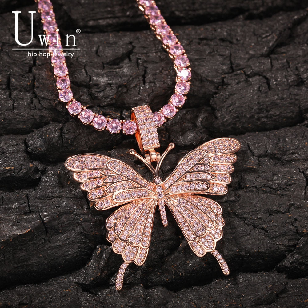 Uwin Iconic Butterfly Pendant 9mm Cuban Chain Cubic Charm Pink Tennis Chain Necklace Men Women Hip Hop Jewelry Gift - Charlie Dolly