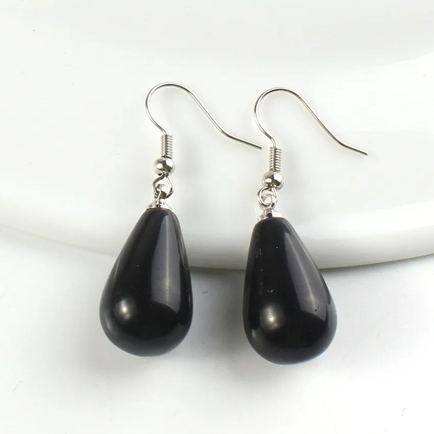 Natural Stone Tear Water Drop Beads Pendant Dangle Earring Black Obsidian Pink Clear Quartz Drop Hook Earrings Women Jewelry