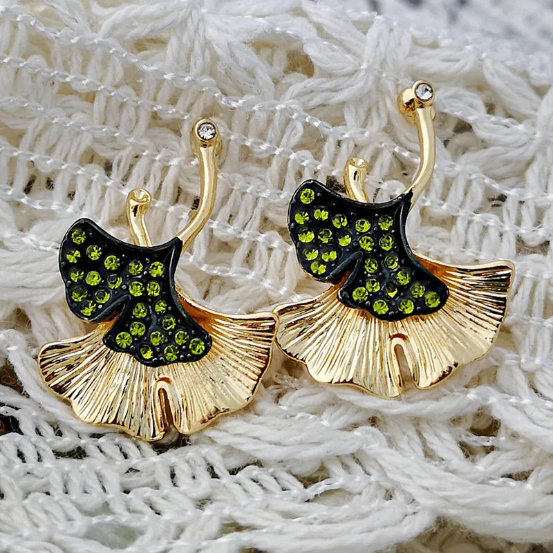 Boho Gold Color Earrings Green Crystal Ginkgo Biloba Double Leaves Drop  for Women Fashion Fine Jewelry O3D274