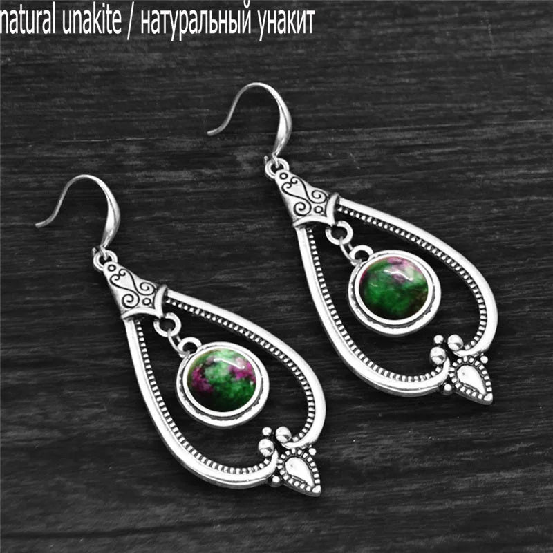 Round Amethysts Drop Earrings For Women Tibetan Silver Natural Stone Rose Quartz Lapis Lazuli Tiger Eye Fashion Dangle Earring