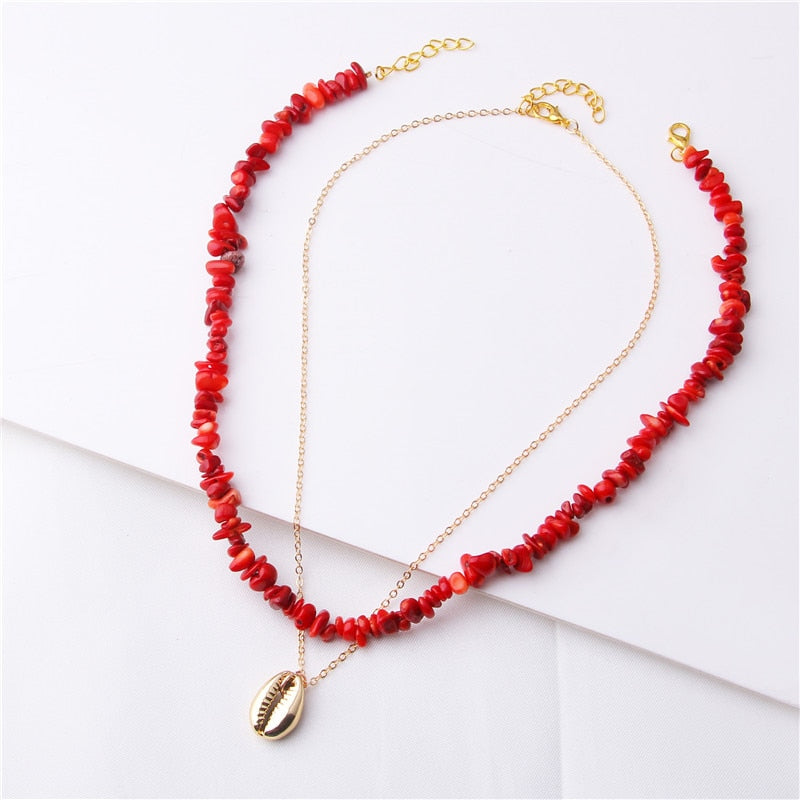 Bohemian Multilayer Necklace Rhodonite Blue Stone Red Coral Handmade Necklaces for Women Shell Pendant Necklace Party Jewelry - Charlie Dolly
