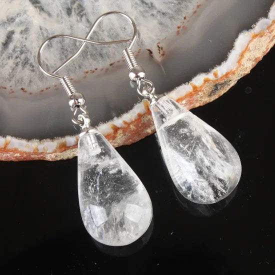 Natural Stone Tear Water Drop Beads Pendant Dangle Earring Black Obsidian Pink Clear Quartz Drop Hook Earrings Women Jewelry