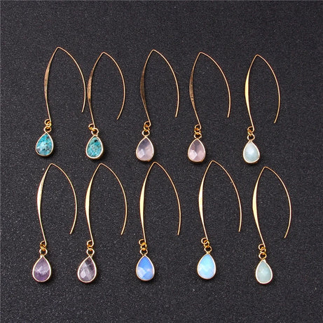 Natural Stone Teardrop Dangle Earrings, Amethyst Rose Quartz Elegant Party Jewelry
