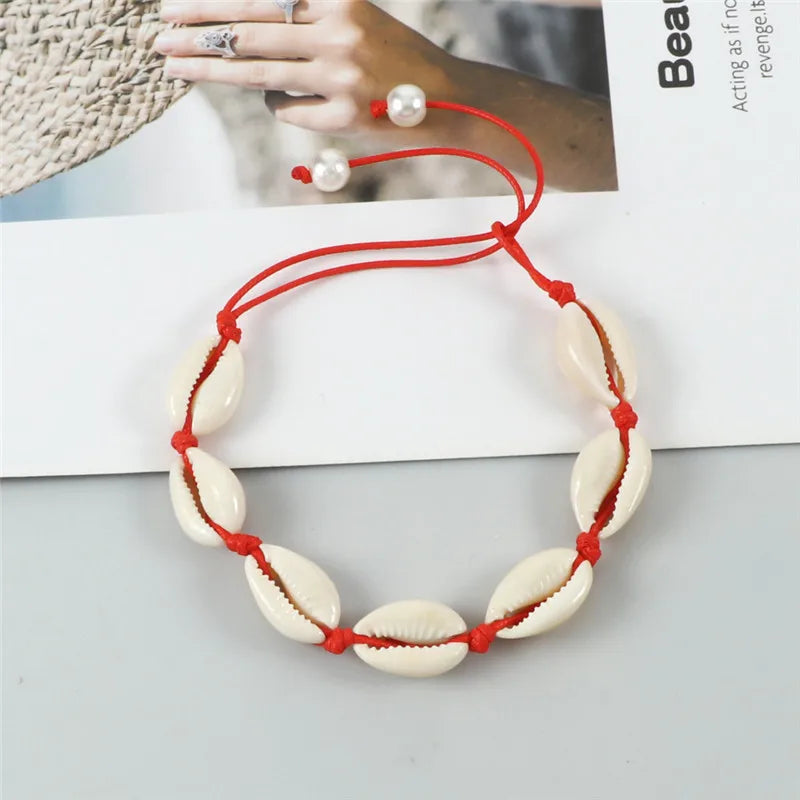Vintage Boho Shell Bracelet Handmade Rope Chain Natural Shell Cowrie Charm Strand Bracelet Women Femme Ankle Jewelry Party Gifts
