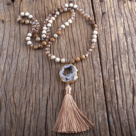 Knotted Druzy Stone Tassel Necklace Jewelry