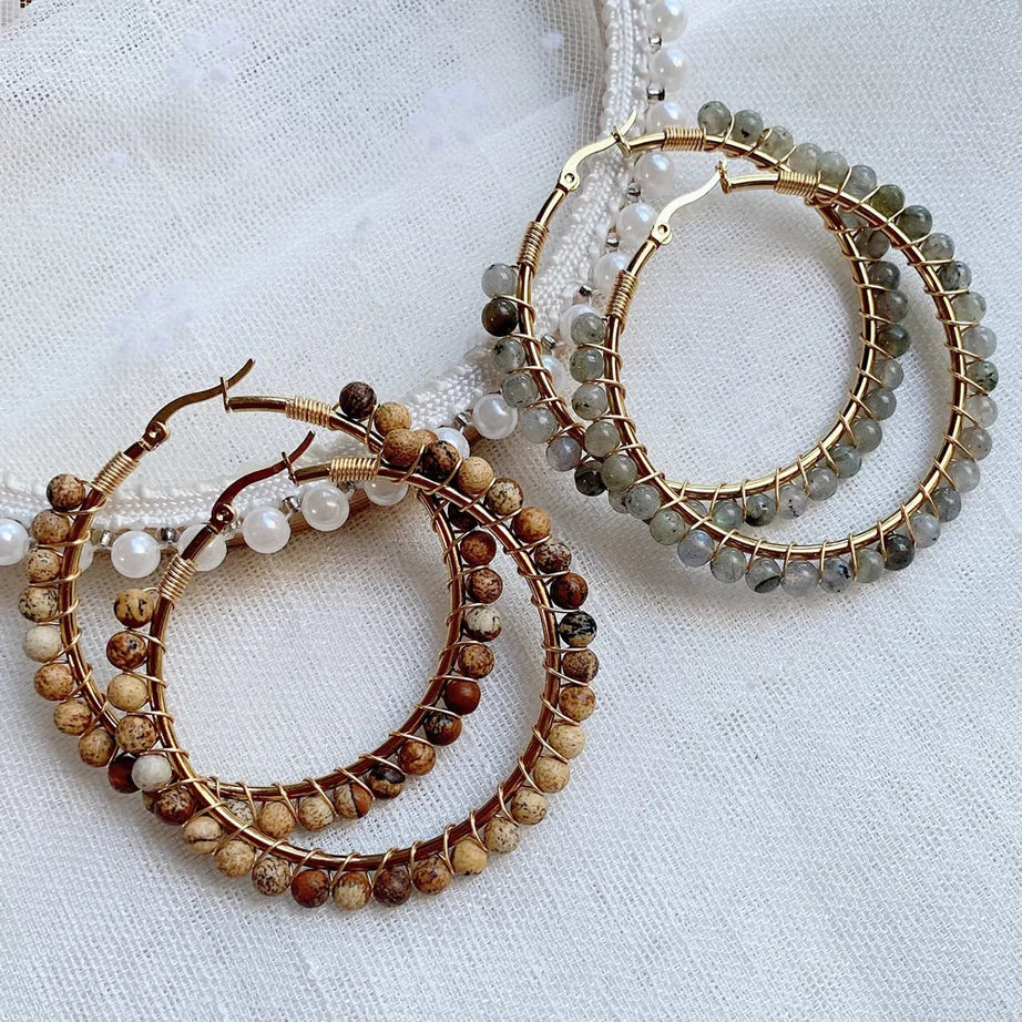 50mm Large Natural Stone Earrings for Women Ear Ring Agates Crystal Gold Plated Stainless Steel Circle Hoop Earring Boho Jewelry - Charlie Dolly