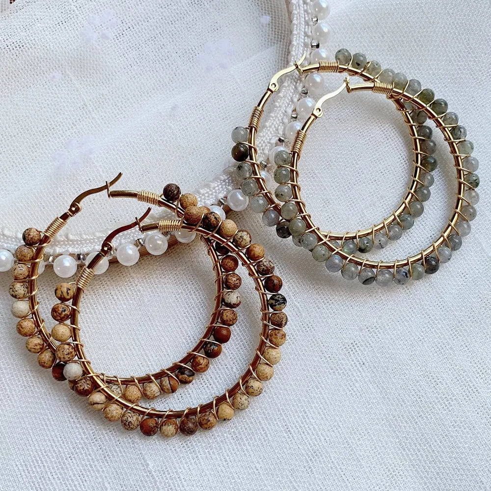 50mm Large Natural Stone Earrings for Women Ear Ring Agates Crystal Gold Plated Stainless Steel Circle Hoop Earring Boho Jewelry