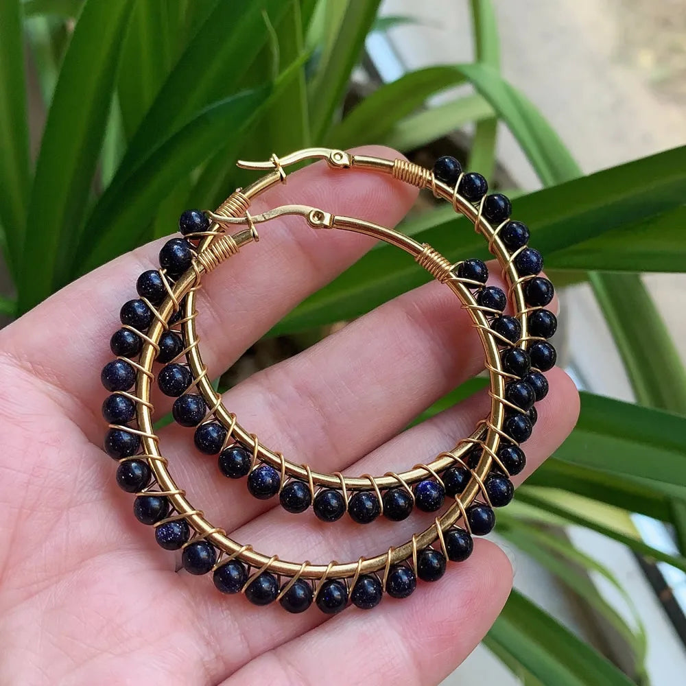50mm Large Natural Stone Earrings for Women Ear Ring Agates Crystal Gold Plated Stainless Steel Circle Hoop Earring Boho Jewelry
