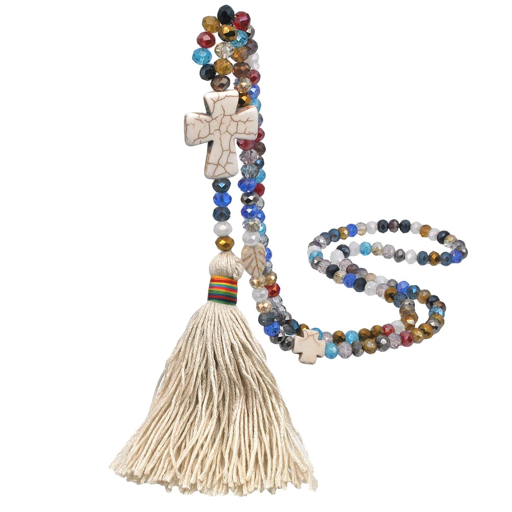 White Stone Crystal Bead Long Tassel Necklace Jewelry