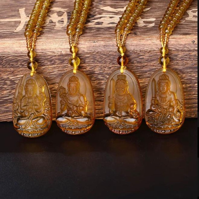 Buddha Guardian Gods Pendant Necklace For Women Men Carved Yellow Stone Amulet Necklaces Jewelry - Charlie Dolly