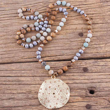 RH Fashion Bohemian Jewelry Natural Stones With Glass Links Crystal Round Pendant Necklaces For Women Boho Gift