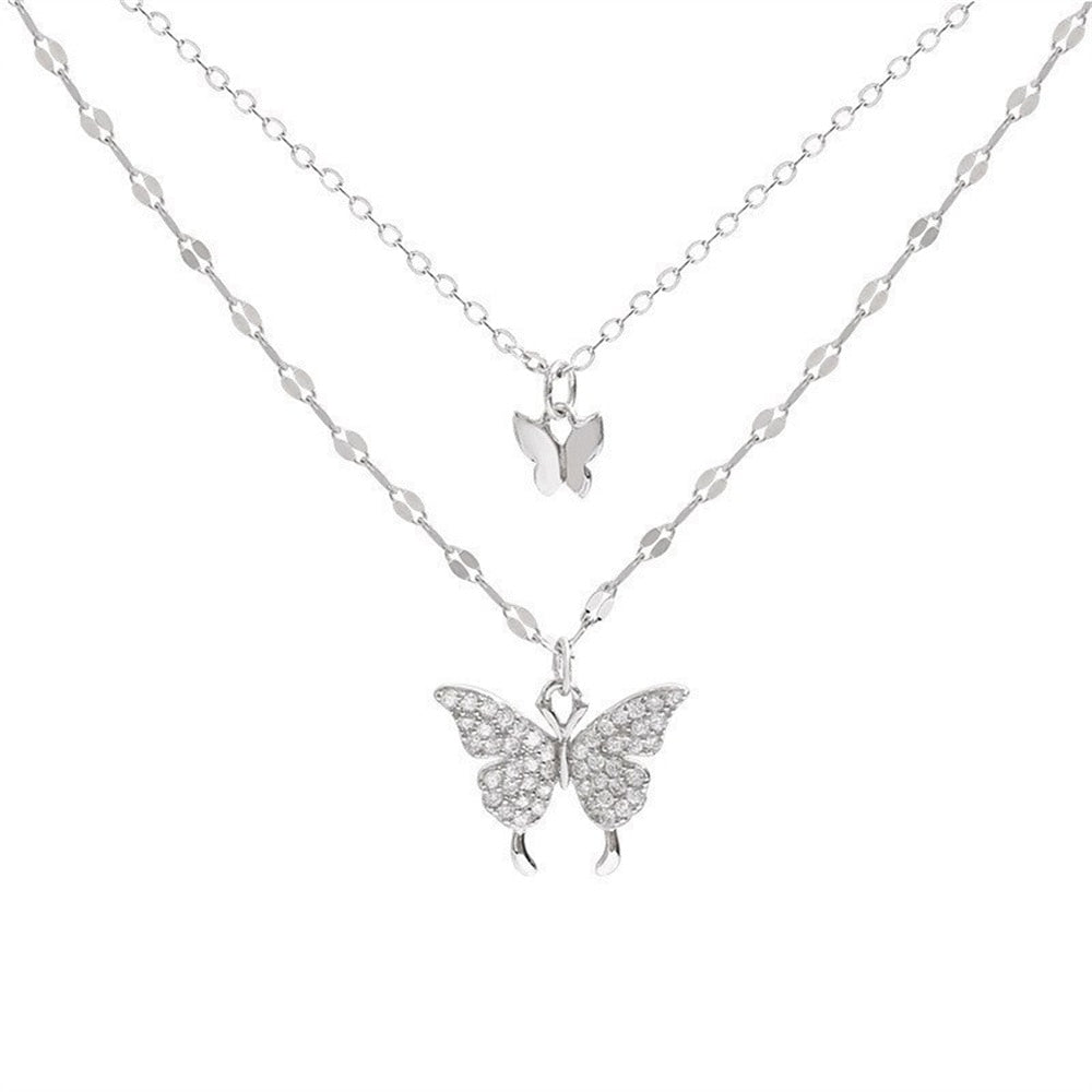 Shiny Butterfly Necklace Ladies Exquisite Double Layer Clavicle Chain Necklace Jewelry for Ladies Gift - Charlie Dolly