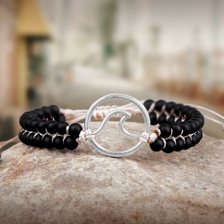 Boho Ocean Waves Bracelets Vintage Natural Stone Black Onyx Tiger Eye Beads Bracelet & Bangle Women Men Yoga Wristchain Jewelry - Charlie Dolly