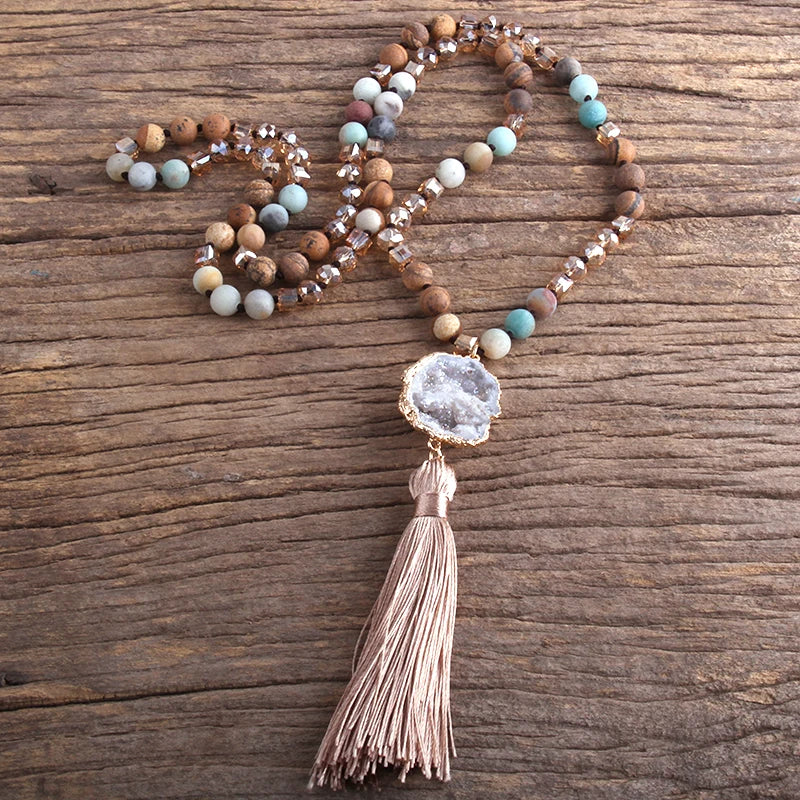 Knotted Natural Stone Long Tassel Necklace Jewelry