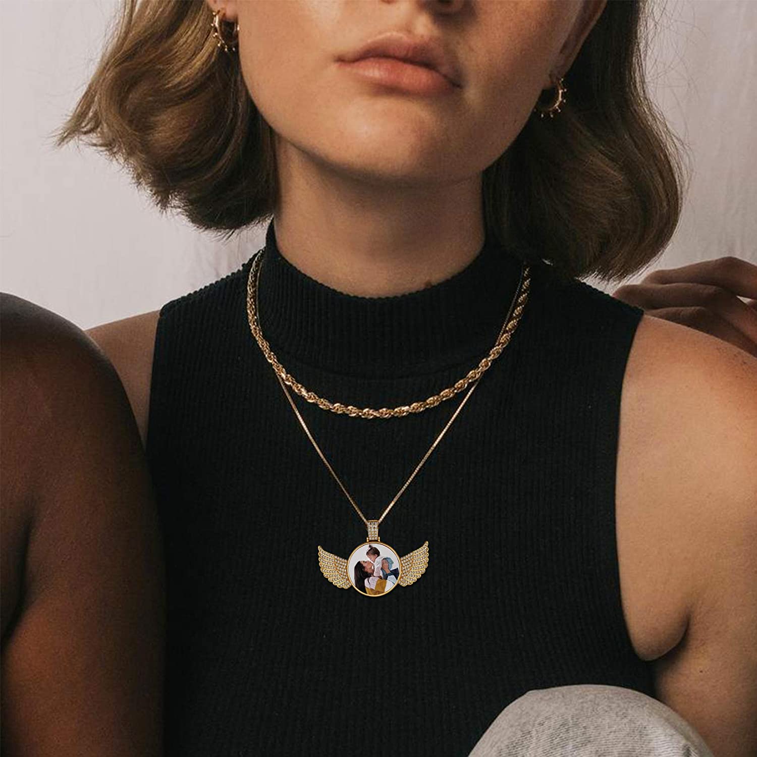 U7 Iced Out Custom Picture Necklace With Wings Bling Jewelry DIY Full CZ Pendant Personalized Hip Hop Necklace for Women Men - Charlie Dolly