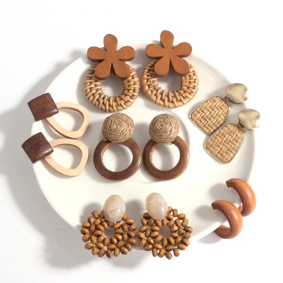 Wooden Rattan Braid Geometric Drop Earrings Jewelry