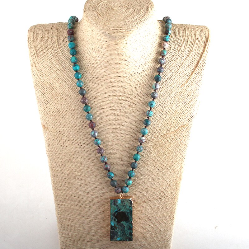 RH Fashion Boho Jewelry Natural Stones Long Knotted Semi Precious Stone Rectangle Pendant Necklaces Women Bohemia Necklace Gift - Charlie Dolly